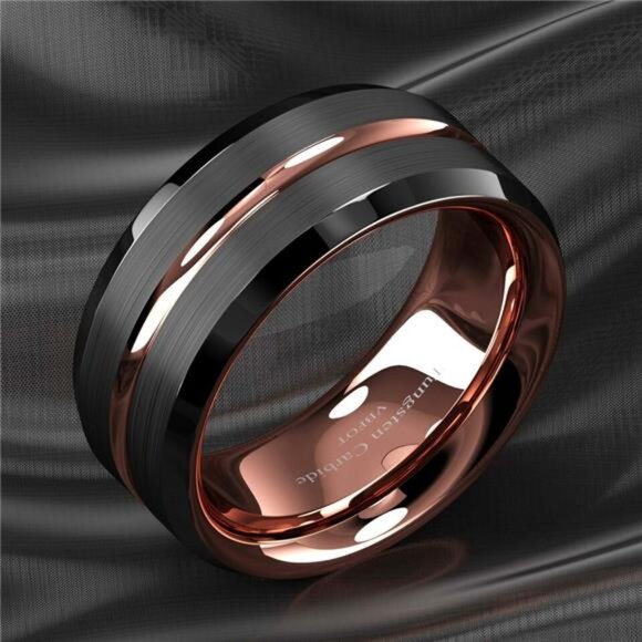 Men's Black Brushed Rose Gold Wedding Band Ring - Men's Wedding Rings - Picture 3 of 9